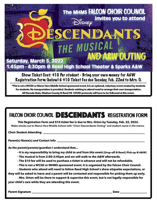 Descendants Musical Choir Outing sponsored by the Falcon Choir Council - Contact Mrs. O for information.